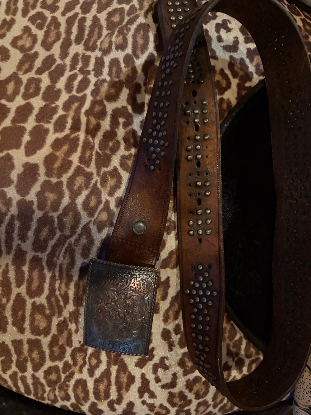 Brown Studded Leather Belt with Ornate Buckle 38 inches last hole measures 35 in